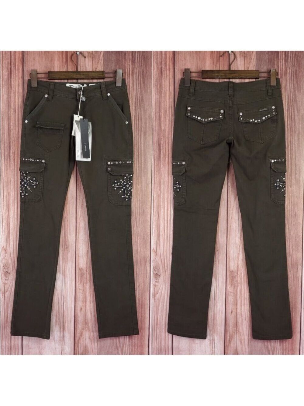 *READ* NWT Miss Me Size 25 Skinny Cargo Pants Cross Embellished Olive CP1270